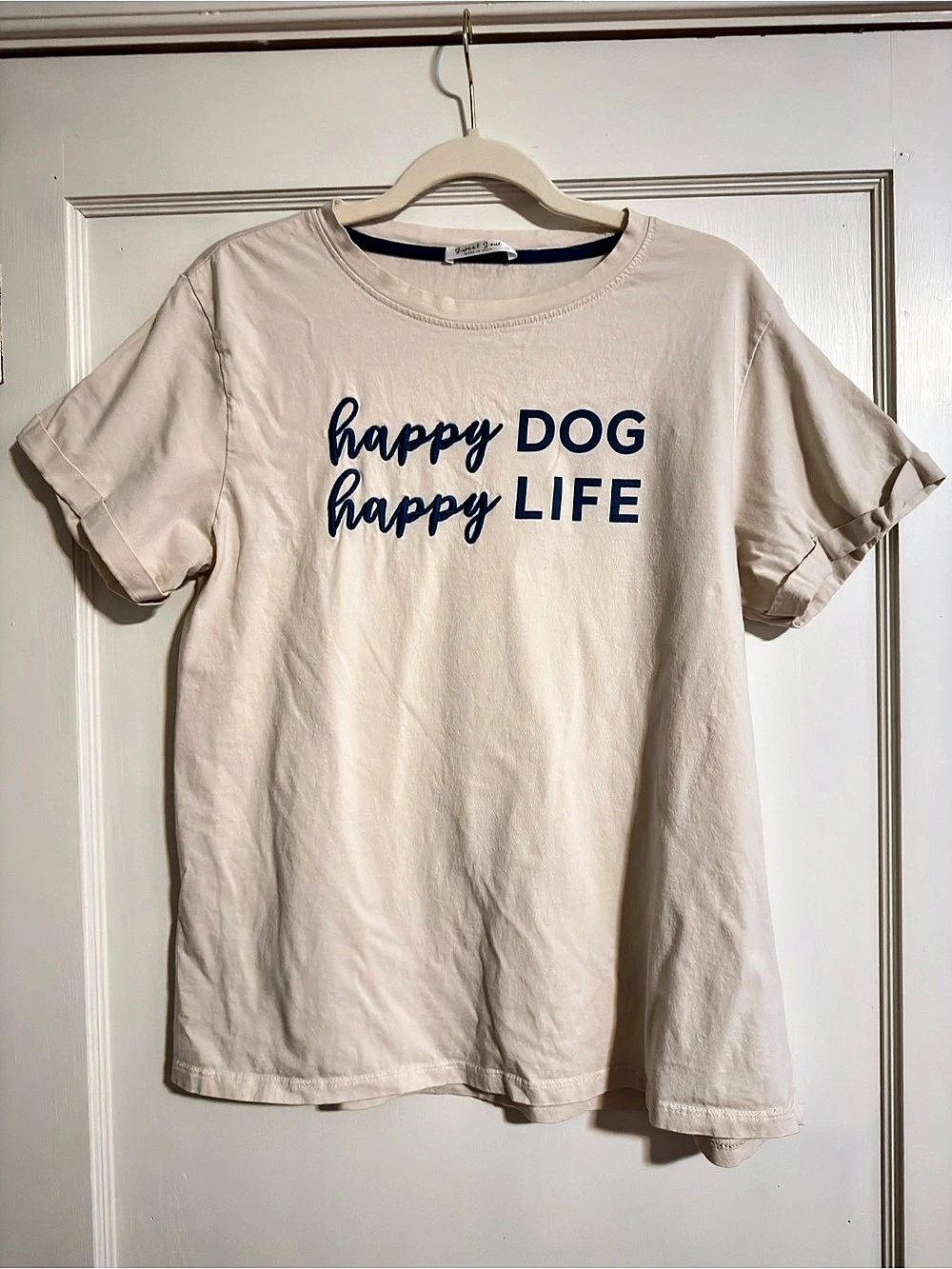 Happy Dog Happy Life Graphic Tee in Cream & Blue